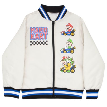 Nintendo Mario Kart Boys Varsity Bomber Jacket Zip-Up Super Mario Graphic Print Jacket for Kids and Toddlers Casual Fashion Coats (Size 4-12)