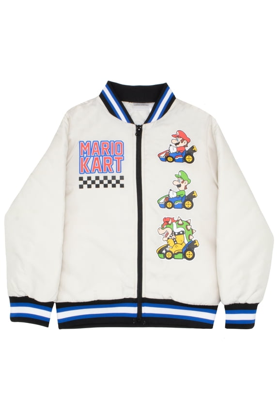 Mario Kart Boys Varsity Bomber Jacket Zip-Up Super Mario Graphic Print Jacket for Kids and Toddlers Casual Fashion Coats (Size 4-12)