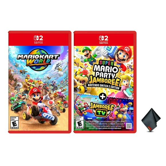 Nintendo Mario Kart World for Switch 2 + Super Mario Party Jamboree - Switch 2 Edition + Jamboree TV + Microfiber Cleaning Cloth