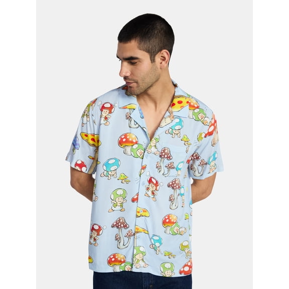 Nintendo Men's and Big Men's Mushroom Kingdom Graphic Button Up Shirt, Sizes XS-3XL