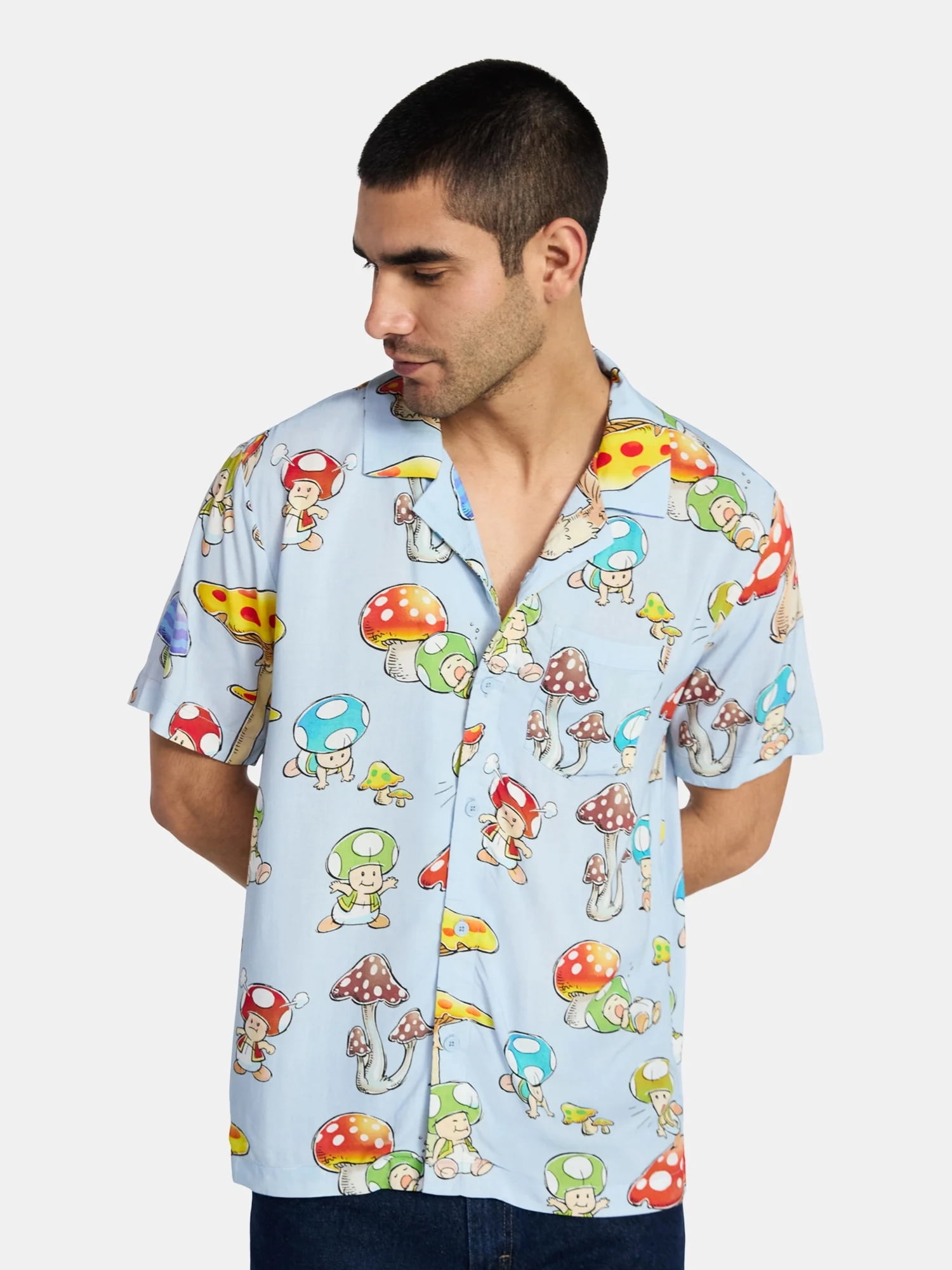 Nintendo Men's and Big Men's Mushroom Kingdom Graphic Button Up Shirt, Sizes XS-5XL