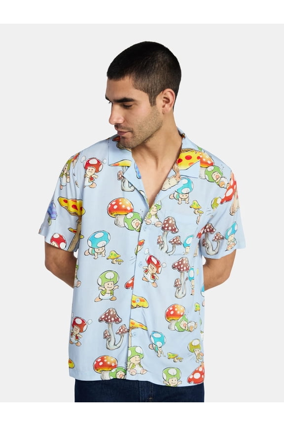 , Men's & Big Men's Graphic Button-Up Shirt, Mushroom Kingdom, Sizes XS-5XL