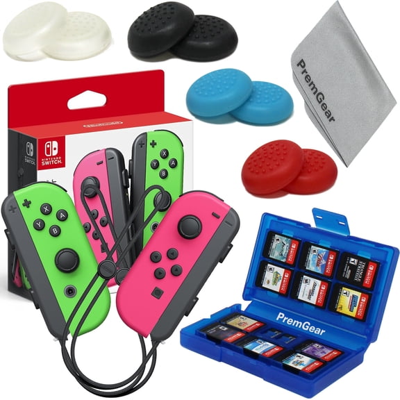 Nintendo Neon Pink/Neon Green Joy-Con (L-R) for Nintendo Switch, Thumb Grips (8 pack - Black, Blue, Red & Clear), 24 Slot Game Card Holder & Cleaning Cloth