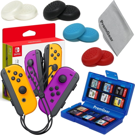 Nintendo Neon Purple/Neon Orange Joy-Con (L-R) for Nintendo Switch Thumb Grips (8 pack - Black, Blue, Red & Clear), 24 Slot Game Card Holder & Cleaning Cloth