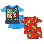 NINTENDO Pj for Boys, 4 Piece Cotton Super Mario Brothers Pajamas for Kids, Super Mario Shirt & Shorts Set, Size 4 Red/Blue
