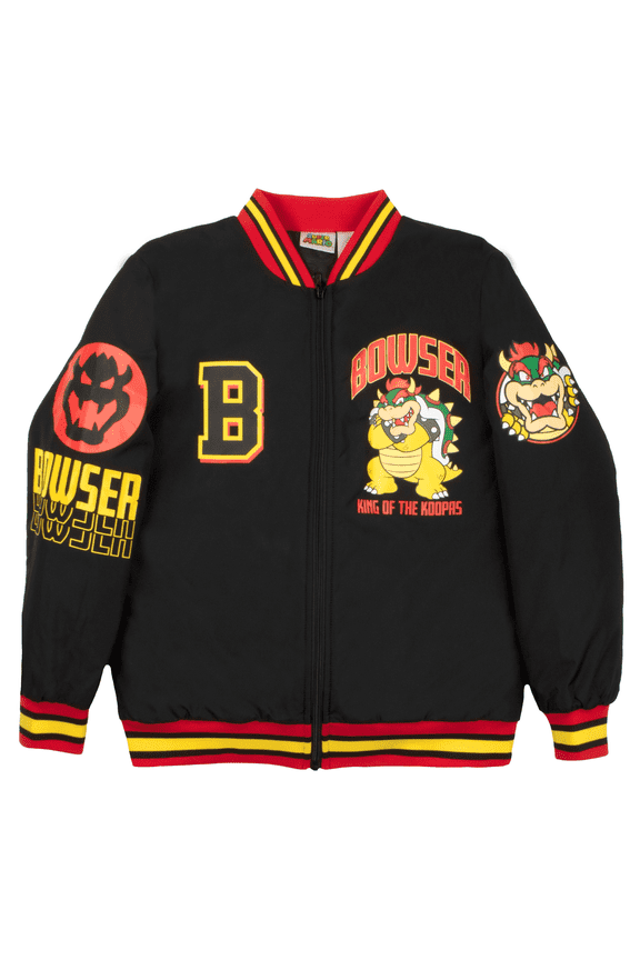 Boys Super Mario Varsity Bomber Jacket (Little & Big Boys), Bowser Design, Sizes 4–18
