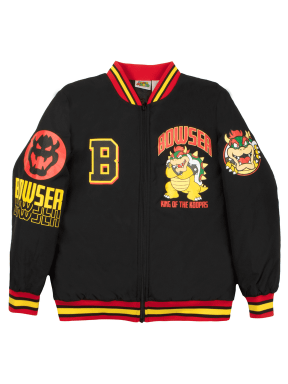 Boys Super Mario Varsity Bomber Jacket (Little & Big Boys), Bowser Design, Sizes 4–18