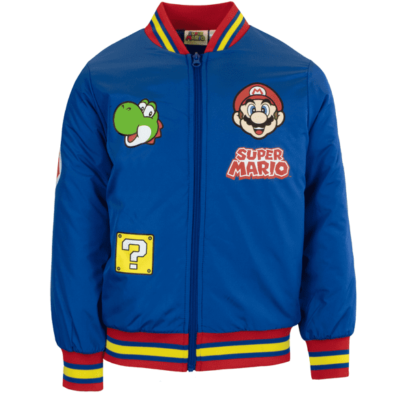 Nintendo Boys Super Mario Varsity Bomber Jacket (Little & Big Boys), Mario & Yoshi Design, Sizes 4–18