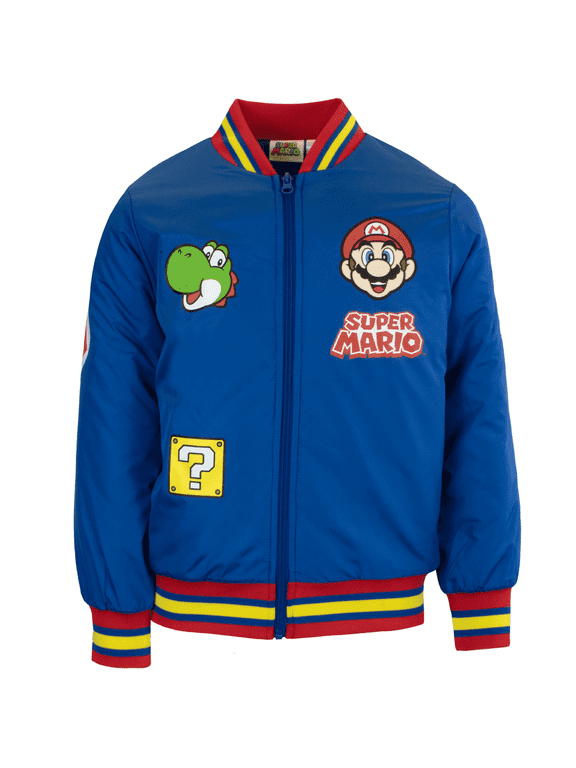 Boys Super Mario Varsity Bomber Jacket (Little & Big Boys), Mario & Yoshi Design, Sizes 4–18