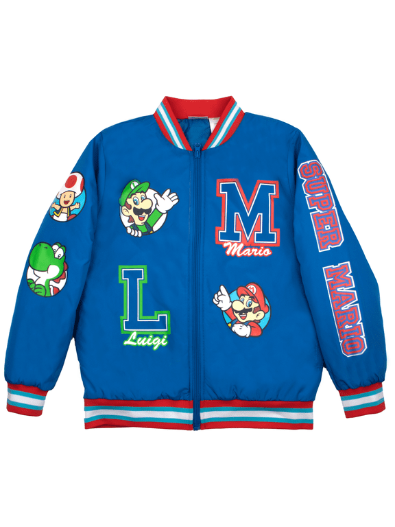 Boys Super Mario Varsity Bomber Jacket (Little & Big Boys), Mario & Luigi Design, Sizes 4–18