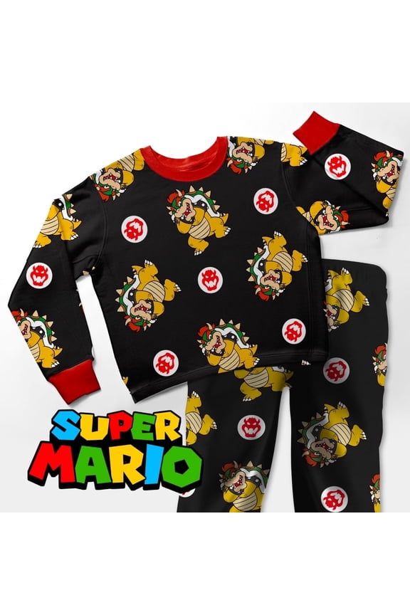 Super Mario Bowser Boys Pajamas 2 Piece PJs Set Long Sleeve Top & Pants Sleepwear for Kids & Teens (4-16)