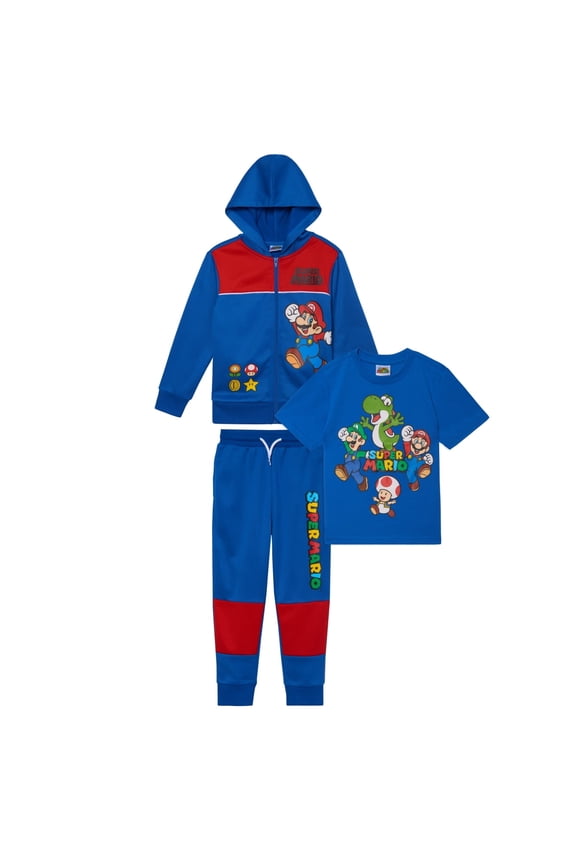 Super Mario Boys 3-Piece Set, Super Mario Zip-Up Hoodie, T-shirt, & Pants 3-Pack Bundle Set for Boys (Sizes 4-16)