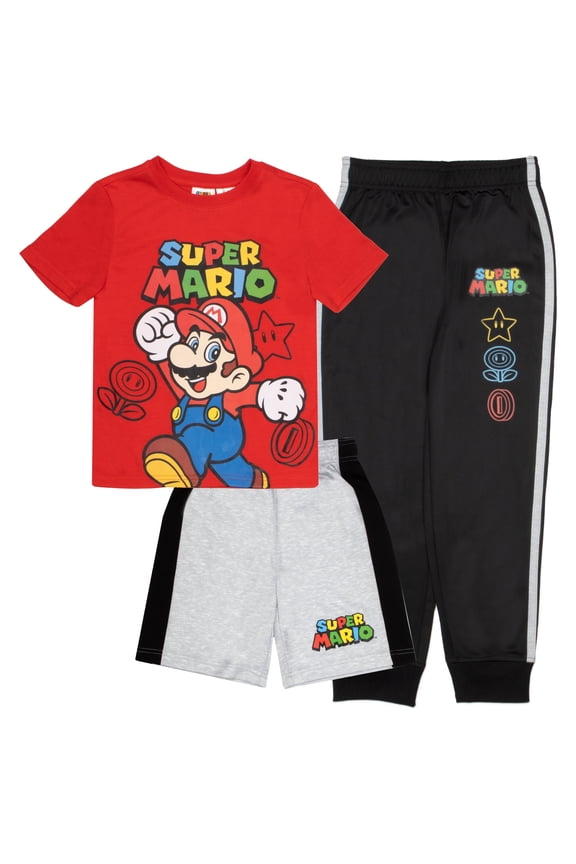 Super Mario Boys T-Shirt Sweatpants Atheltic Shorts 3-Piece Set for Kids and Toddlers (Size 7-3T)