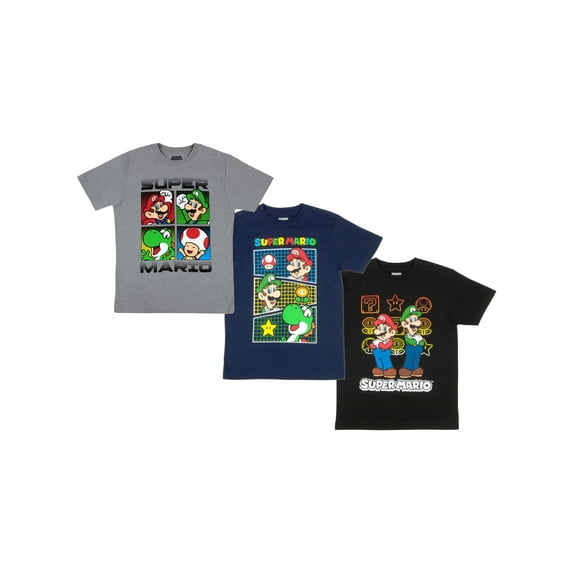 Nintendo Super Mario Boys T-Shirts 3-Pack, Super Mario Bros Characters 3-Pack of Tees for Boys Bundle Set (Navy/Grey/Black, Size 4)