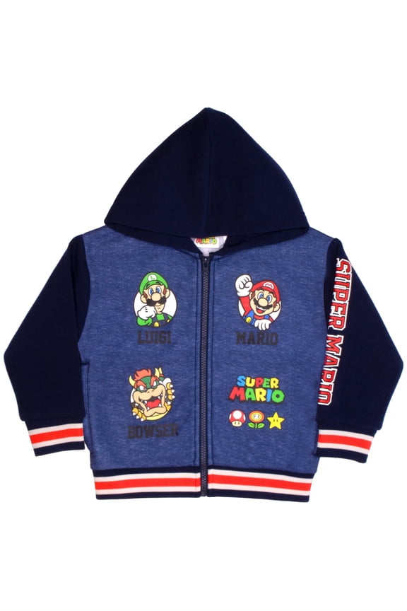 Super Mario Boys Zip Up Varsity Hoodie, Kids Varsity Hoodie Jacket (Size 4-16)