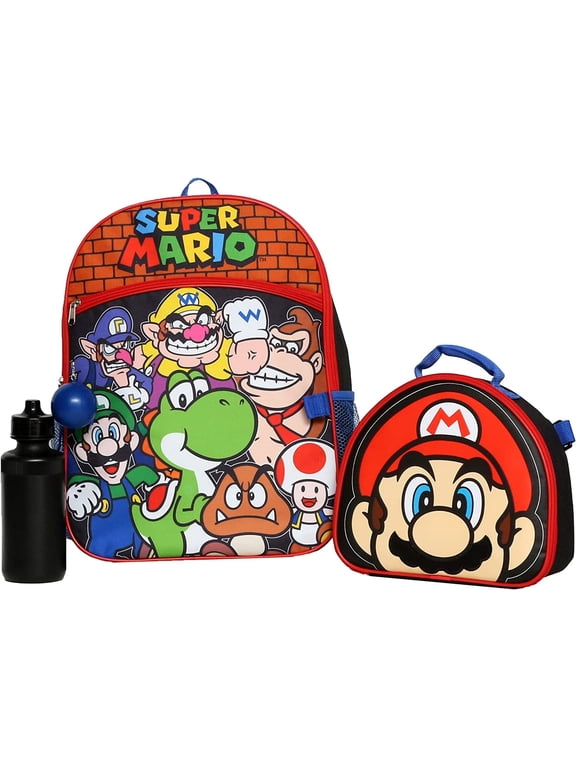 Super Mario Bros. 4-Piece Backpack Set for Boys & Girls, Kids 16" School Bag with Front Zip Pocket, Red & Black