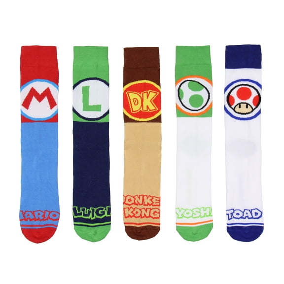 Nintendo Super Mario Bros. Adult Character Inspired Designs 5-Pair Crew Socks Mid-Calf For Men And Women