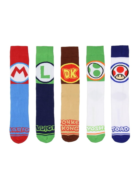 Nintendo Super Mario Bros. Adult Character Inspired Designs 5-Pair Crew Socks Mid-Calf For Men And Women