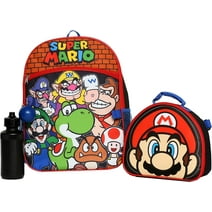 Nintendo Super Mario Bros. Backpack Set for Boys & Girls, Kids 16" School Bag with Front Zip Pocket, Red & Black