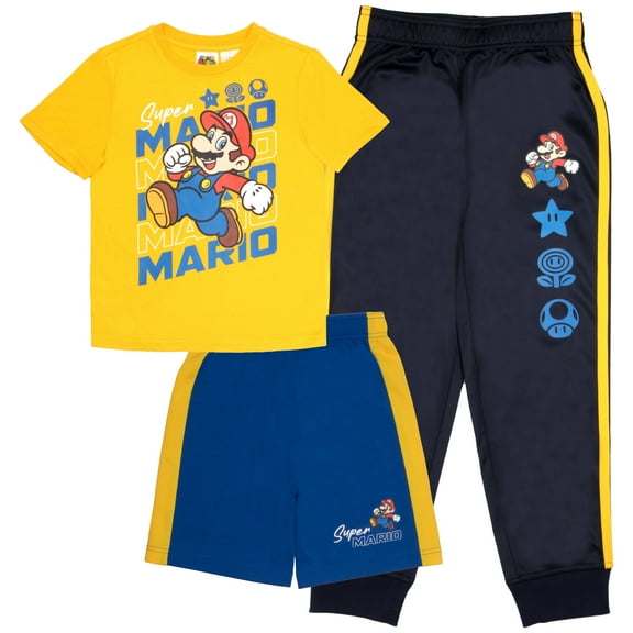 Nintendo Super Mario Bros Boys 3-Piece Pants Set - Short Sleeve T-Shirt, Shorts, and Jogger Pants 3-Pack Bundle Set (Size 2T-12)