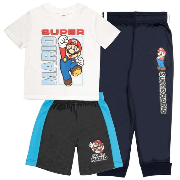 Nintendo Super Mario Bros Boys 3-Piece Pants Set - Short Sleeve T-Shirt, Shorts, and Jogger Pants 3-Pack Bundle Set (Size 3T-12)