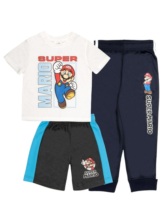 Nintendo Super Mario Bros Boys 3-Piece Pants Set - Short Sleeve T-Shirt, Shorts, and Jogger Pants 3-Pack Bundle Set (Size 5-4T)