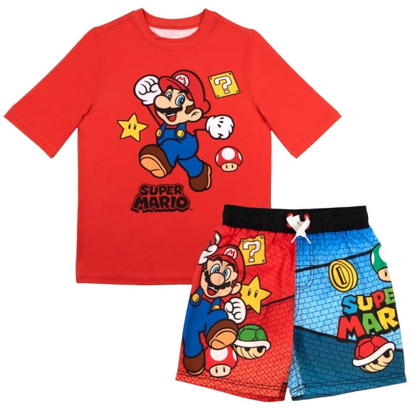 Nintendo Super Mario Bros Boys' Shark Print Rash Guard with Swim Trunks, 2-Piece Set, Sizes 4-12