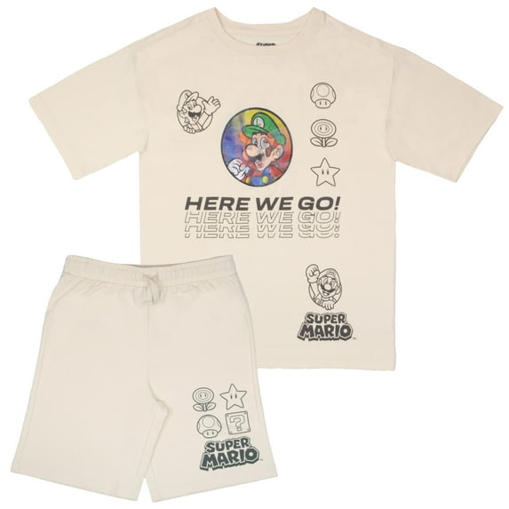 Nintendo Super Mario Bros Boys Short Sleeve T-Shirt & Shorts Set with Mario and Luigi Lenticular Image Changing Patch, 2-Piece Gamer Outfit (Size 4-10)