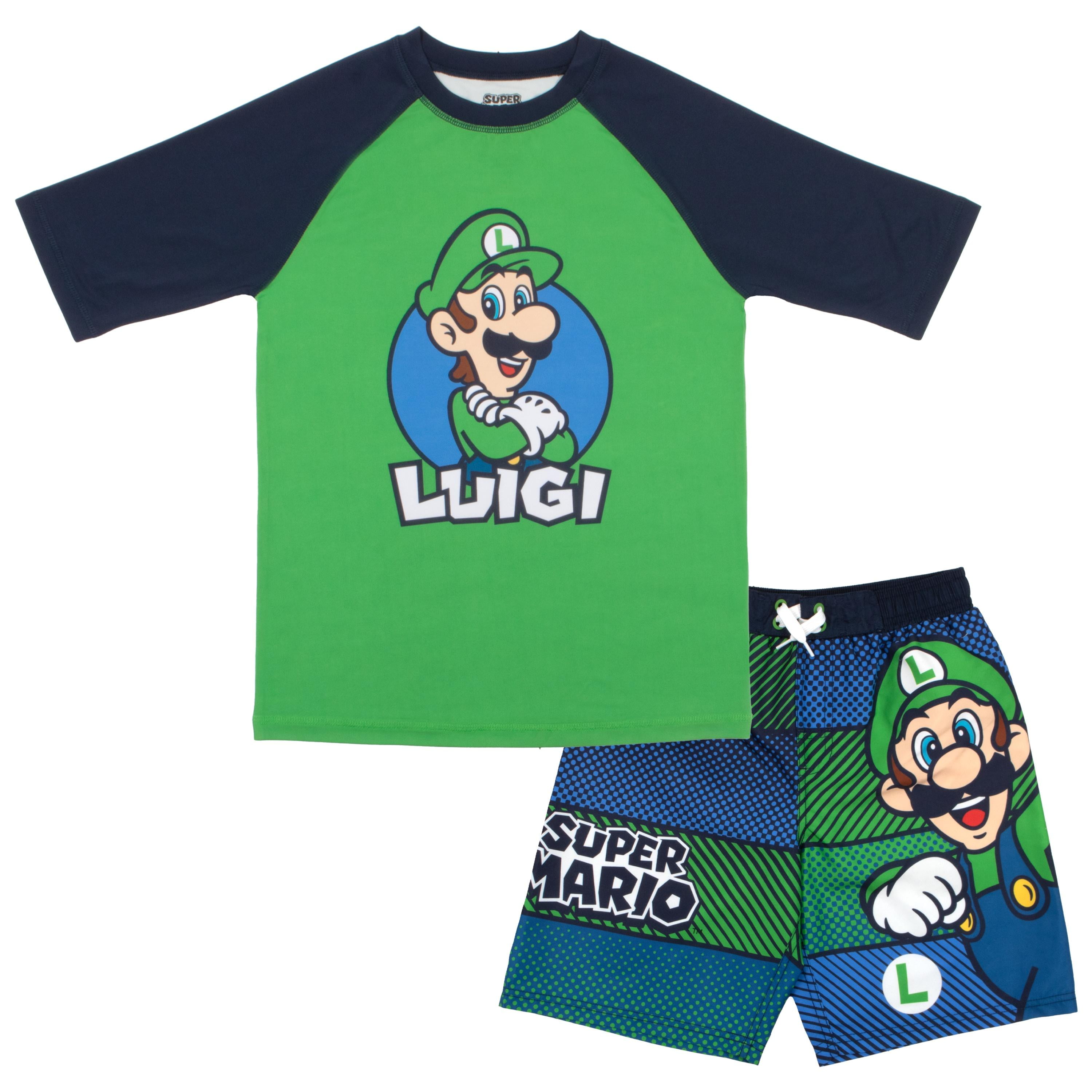Nintendo Super Mario Bros Boys Swim Wear Rash Guard Set Super Mario 2 Piece Set Boys Swimsuit Boys Rash Guard Boy Swim Trunks (Sizes 4-12)