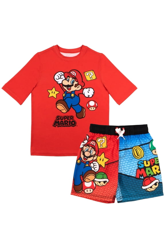 Super Mario Bros Boys Swim Wear Rash Guard Set Super Mario 2 Piece Set Boys Swimsuit Boys Rash Guard Boy Swim Trunks (Sizes 4-12)