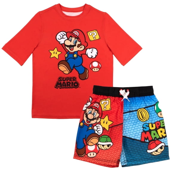 Nintendo Super Mario Bros Boys Swim Wear Rash Guard Set Super Mario 2 Piece Set Boys Swimsuit Boys Rash Guard Boy Swim Trunks (Sizes 4-12)