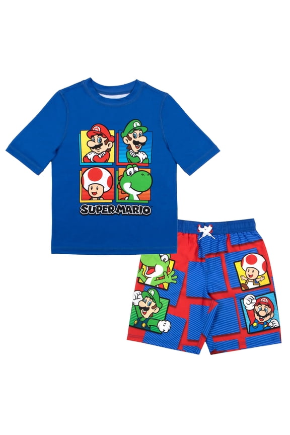 Super Mario Bros Boys Swim Wear Rash Guard Set Super Mario 2 Piece Set Boys Swimsuit Boys Rash Guard Boy Swim Trunks (Sizes 4-12)