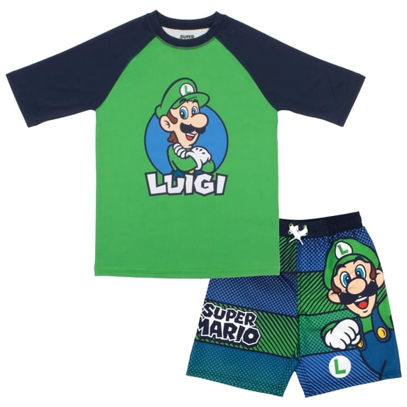 Nintendo Super Mario Bros Boys Swim Wear Rash Guard Set Super Mario 2 Piece Set Boys Swimsuit Boys Rash Guard Boy Swim Trunks (Sizes 4-12)