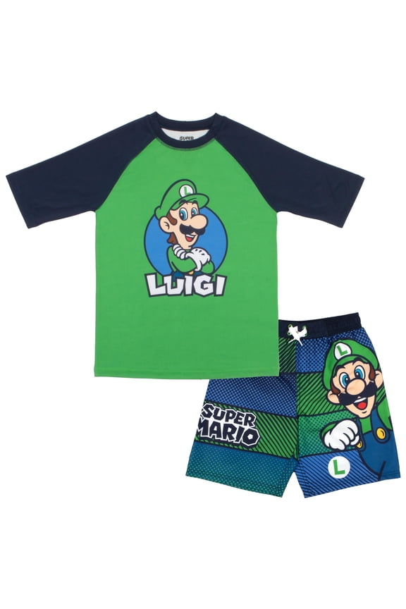 Super Mario Bros Boys Swim Wear Rash Guard Set Super Mario 2 Piece Set Boys Swimsuit Boys Rash Guard Boy Swim Trunks (Sizes 4-12)