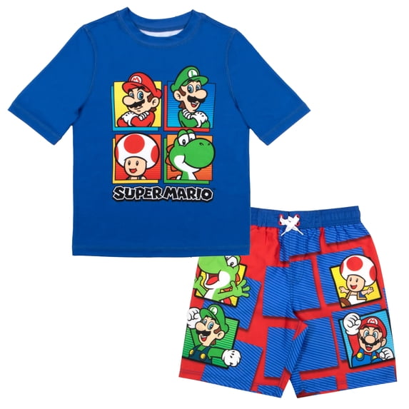 Nintendo Super Mario Bros Boys Swim Wear Rash Guard Set Super Mario 2 Piece Set Boys Swimsuit Boys Rash Guard Boy Swim Trunks (Sizes 4-12)