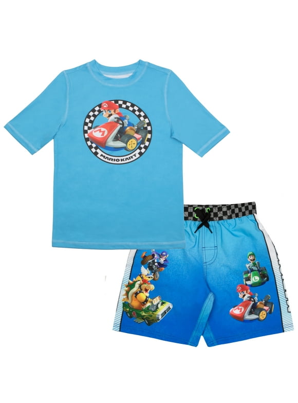 Nintendo Super Mario Bros Mario Kart Boy’s 2-Piece Swimsuit Set, Short Sleeve Rash Guard & Swim Trunks 2-Pack Bundle Set for Kids (Size 4-12)