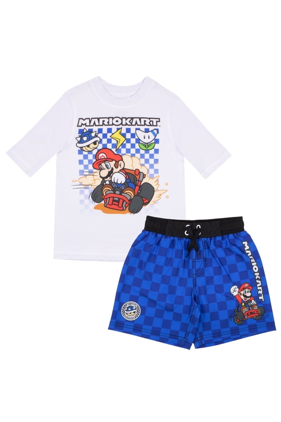Super Mario Bros Mario Kart Boys 2-Piece Swimsuit Set, Short Sleeve Rash Guard & Swim Trunks 2-Pack Bundle Set (Sizes 4-12)