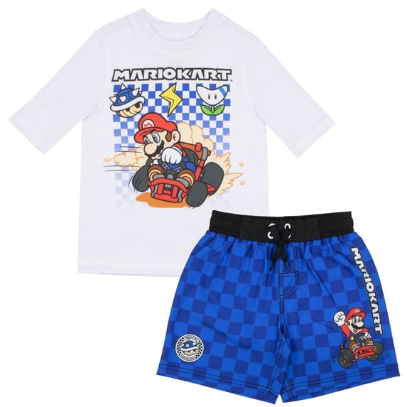 Nintendo Super Mario Bros Mario Kart Boys 2-Piece Swimsuit Set, Short Sleeve Rash Guard & Swim Trunks 2-Pack Bundle Set (Sizes 4-12)