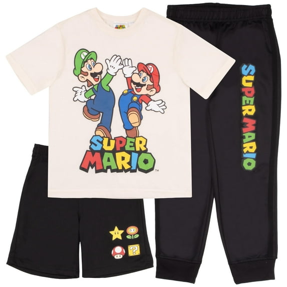 Nintendo Super Mario Bros Mario & Luigi Boys 3-Piece Pants Set - Short Sleeve T-Shirt, Shorts, and Jogger Pants 3-Pack Bundle (Size 2T-12)