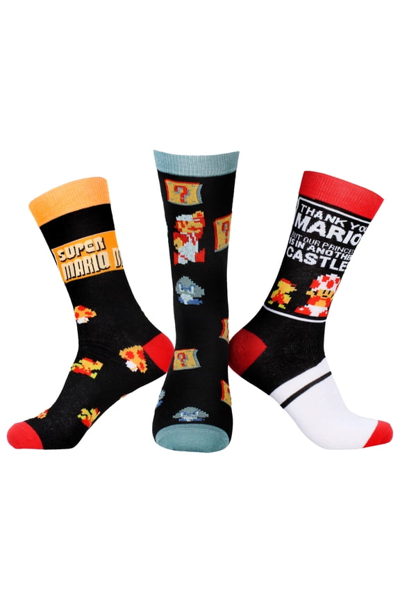 Nintendo Super Mario Bros. Socks Men's Retro NES Video Game 3 Pack MId-Calf Adult Crew Socks
