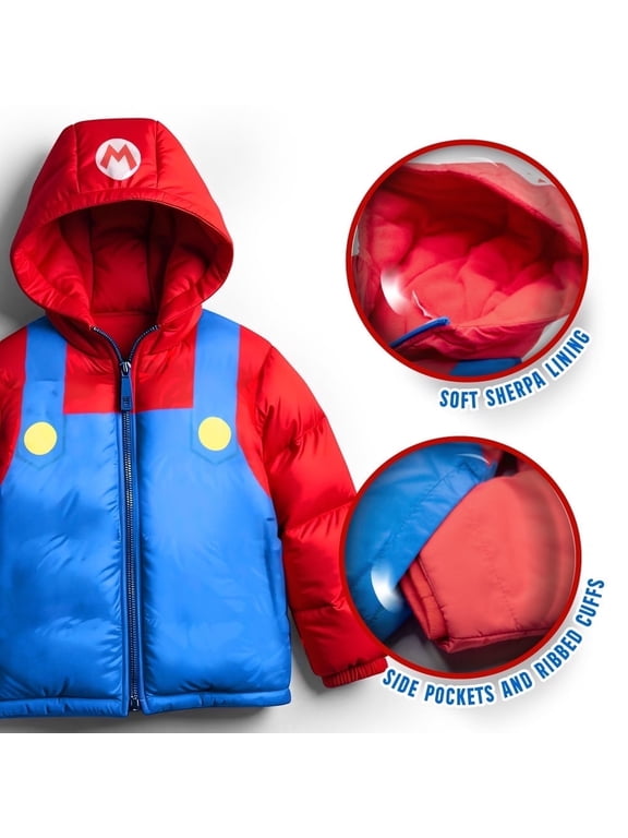 Super Mario Bros Winter Jacket for Boys Mario Kart Graphic Print Boys Puffer Winter Coat for Big and Little Kids (Size 4-18)