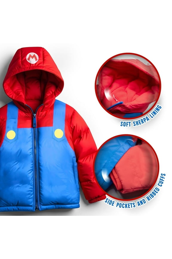 Super Mario Bros Winter Jacket for Boys Mario Kart Graphic Print Boys Puffer Winter Coat for Big and Little Kids (Size 4-18)