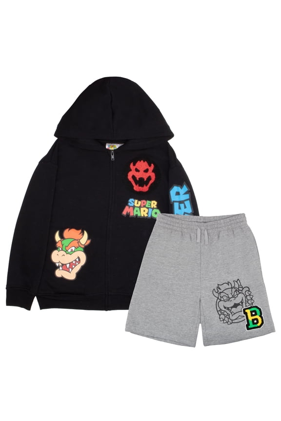 Super Mario Bros. Zip-Up Hoodie and Shorts 2-Piece Set - Bowser Graphic Sweatshirt and Shorts Bundle for Kids (Size 8-12)