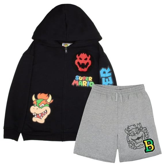 Nintendo Super Mario Bros. Zip-Up Hoodie and Shorts 2-Piece Set - Bowser Graphic Sweatshirt and Shorts Bundle for Kids (Size 8-12)