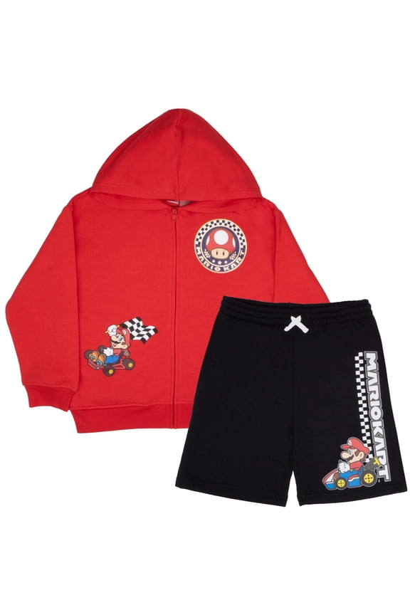 Super Mario Bros. Zip-Up Hoodie and Shorts 2-Piece Set - Mario Kart Graphic Sweatshirt and Shorts Bundle for Kids (Size 8-12)