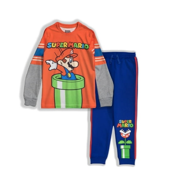 Nintendo Boys Super Mario 2-Piece Set – Long Sleeve T-Shirt & Joggers (Little & Big Boys), Mario Design, Sizes 4–16