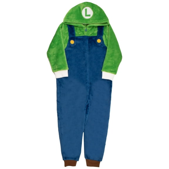 Nintendo Super Mario Brothers Boys Long Sleeve Onesie Zip Coverall with Hoodie Mario & Luigi Cosplay Zip Up Onesie (Size 4-16)