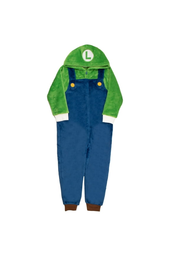 Super Mario Brothers Boys Long Sleeve Onesie Zip Coverall with Hoodie Mario & Luigi Cosplay Zip Up Onesie (Size 4-16)