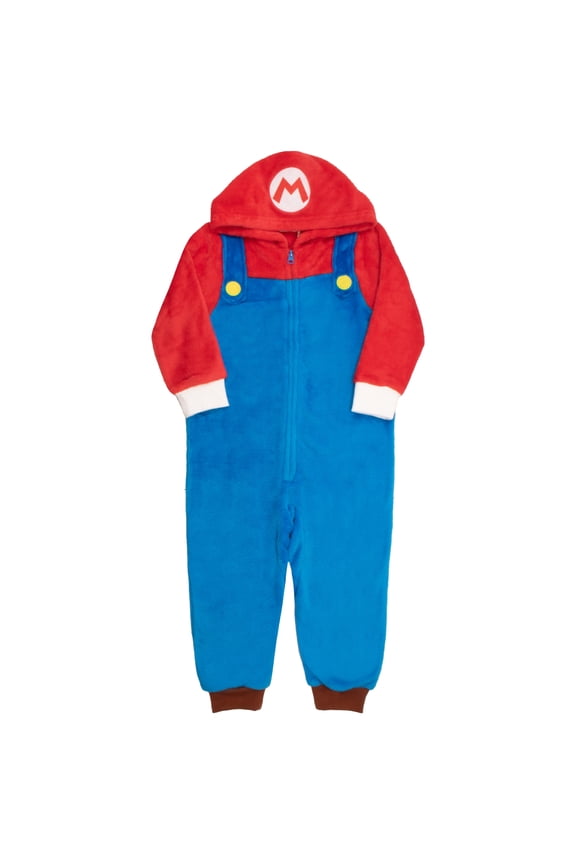 Super Mario Brothers Boys Long Sleeve Onesie Zip Coverall with Hoodie Mario & Luigi Cosplay Zip Up Onesie (Size 4-16)