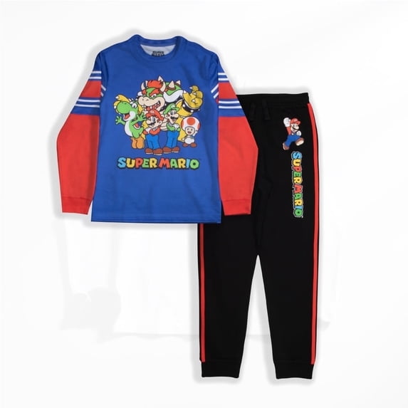 Nintendo Super Mario Brothers Mario, Luigi, Bowser Boys 2-Piece Set - Long Sleeve Graphic Print T-Shirt & Joggers - 2-Pack Bundle for Kids and Toddlers (Sizes 4-16)